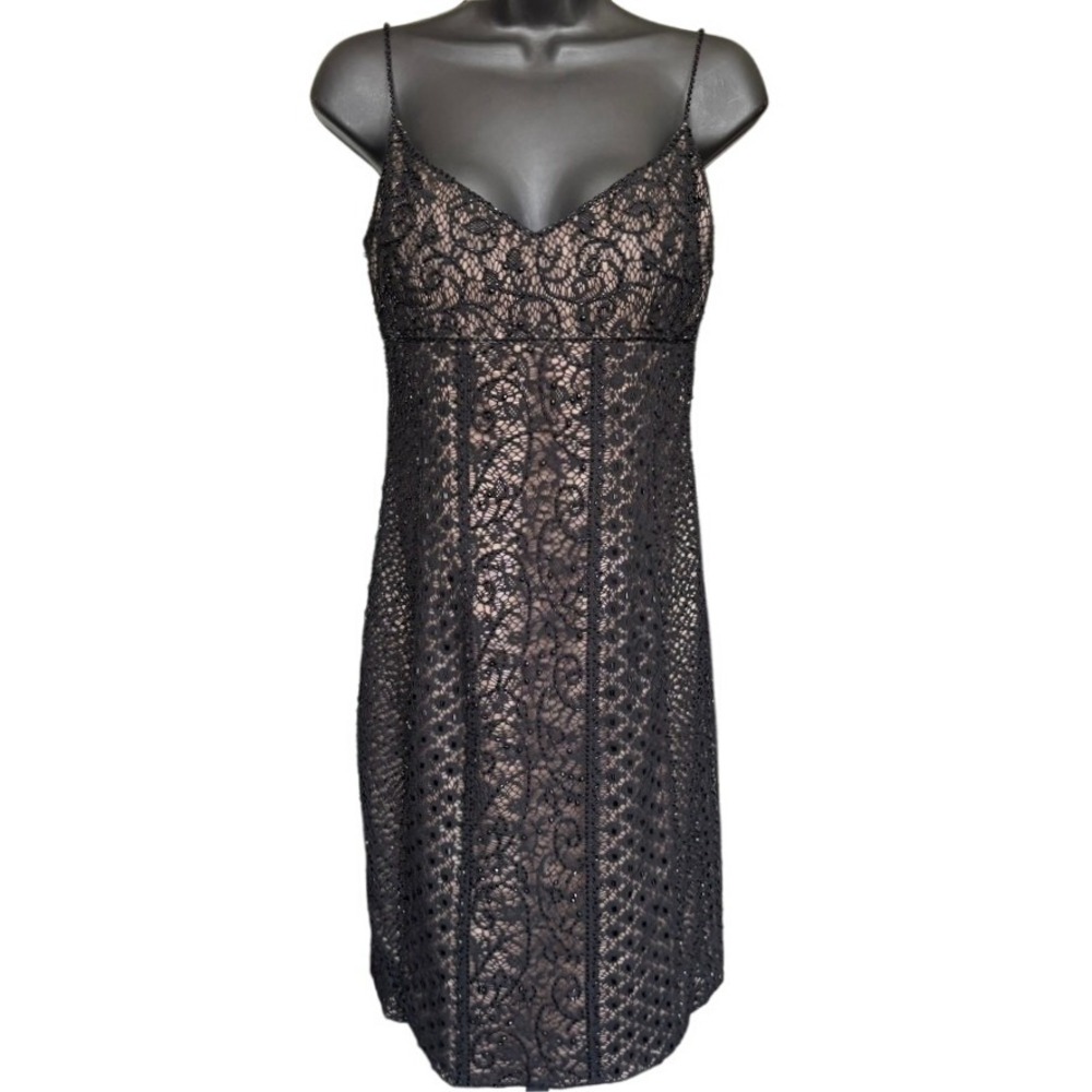 Vintage Lace Mini Dress Sz 6 Black‎ Beige Beaded Whimsygoth Vamp Fairy Grunge